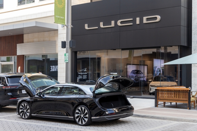 Lucid Air luxury electric sedan, all-electric vehicle, outside the car showroom.