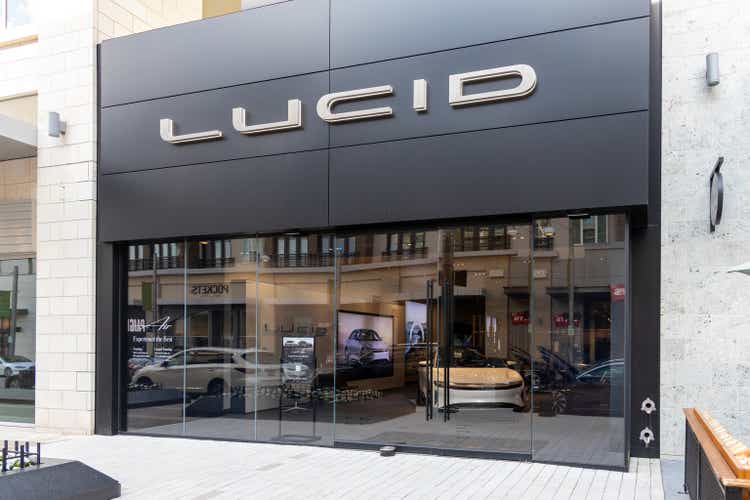 Exterior view of Lucid showroom. Lucid Group, Inc. is an electric vehicle manufacturer.