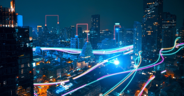 Smart city with speed line glowing light trail surround the city. big data connection technology concept.