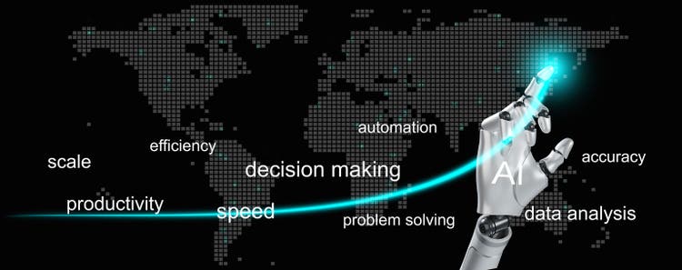 AI changes or transforms our world concept. Benefits and advantages of Artificial Intelligence. Robotic hand draws a line showing an increase or improvement of many things in our lives.