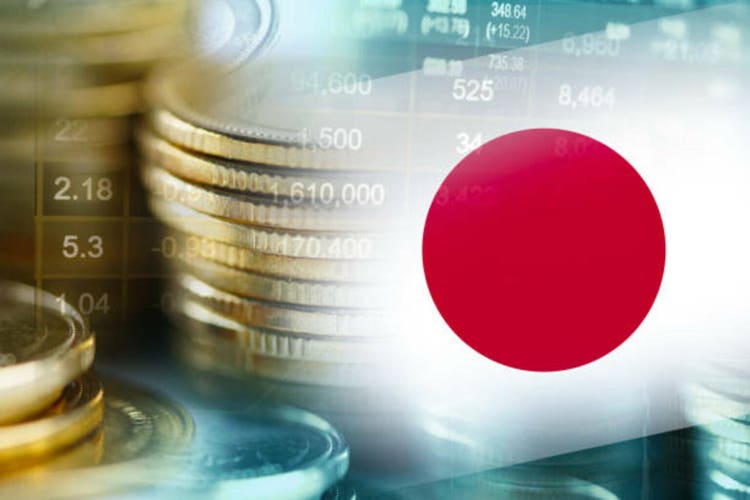 Stock market investment trading financial, coin and Japan flag or Forex for analyze profit finance business trend data background.