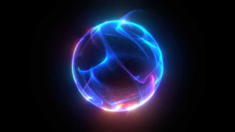 The futuristic energy ball on a black background represents artificial intelligence and future technology. 3D design elements