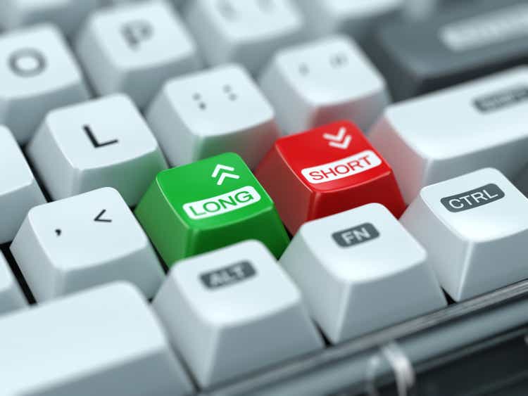 Closeup of computer keyboard with short and long buttons. Stock market, Trading concept.