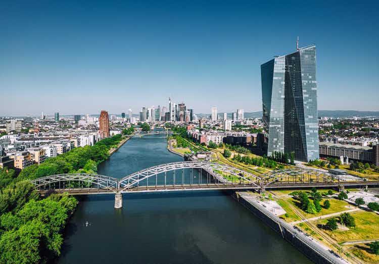 Aerial view of Frankfurt with EZB tower under blue sky