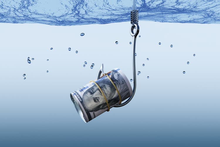 US 100 dollar bank roll on a fishing hook under bluish water. Illustration of the concept of bait money lure or bait bills