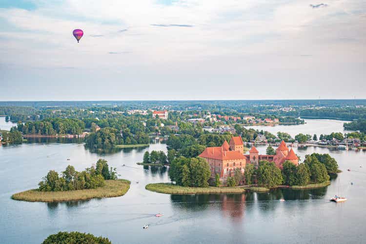 Hot Air Balloon Flight over Trakai. Medieval castle of Trakai, Vilnius, Lithuania