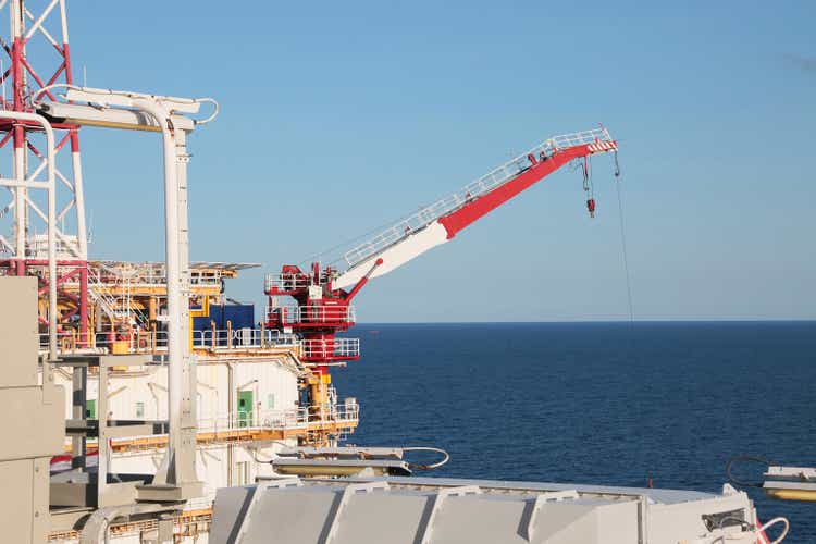 Offshore construction platform for production oil and gas. Oil and gas industry and hard work. Production platform and operation process by manual and auto function from control room.