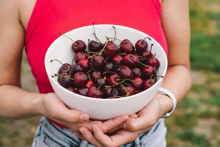 The girl is holding a large plate of ripe cherries.