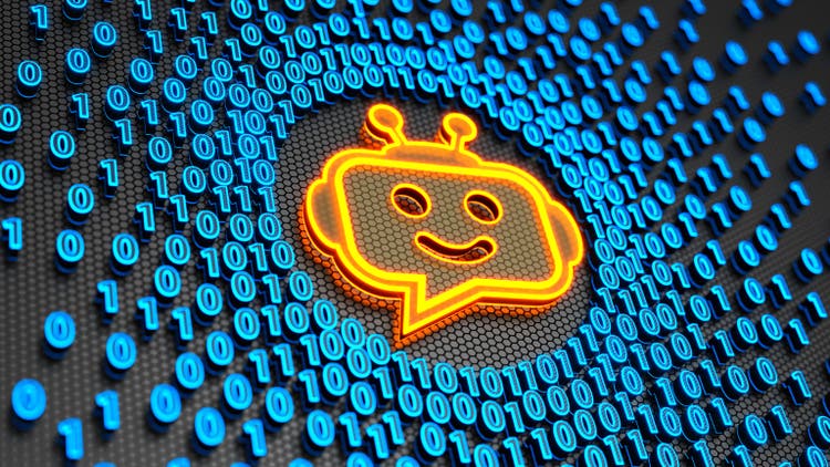 Chatbot icon on the digital binary code background. 3d Illustration
