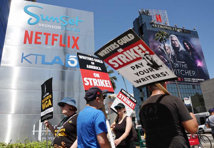 SAG-AFTRA Union Members Join Writers Picket Line At Netflix Headquarters