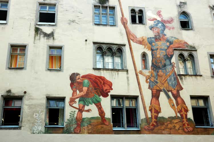 David and Goliath on the house wall ,Regensburg,unesco heritage