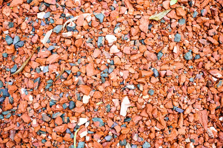 Aggregates of bricks for making concrete. Crushed red brick as a texture background of natural materials