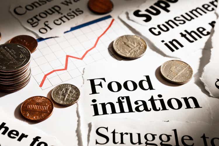 Newspaper headlines on food inflation, with coins and rising graph