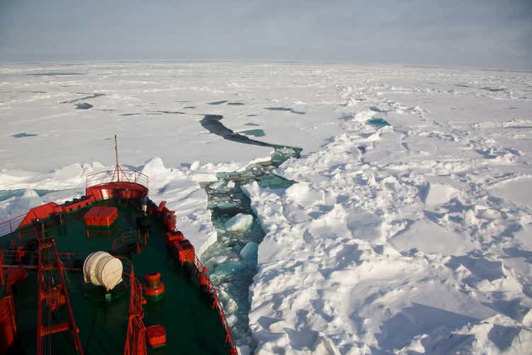 Ship trying to get through frozen Arctic Ocean