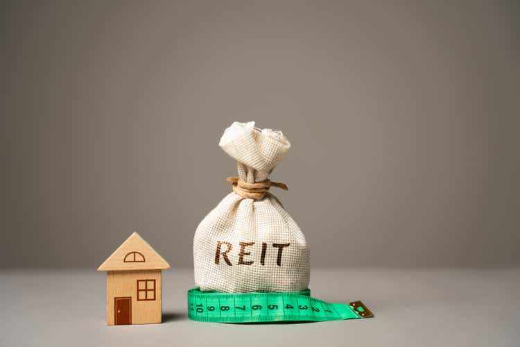 Reit money bag and miniature house. Real estate investment trust concept. Company that owns, operates, or finances income-generating real estate.