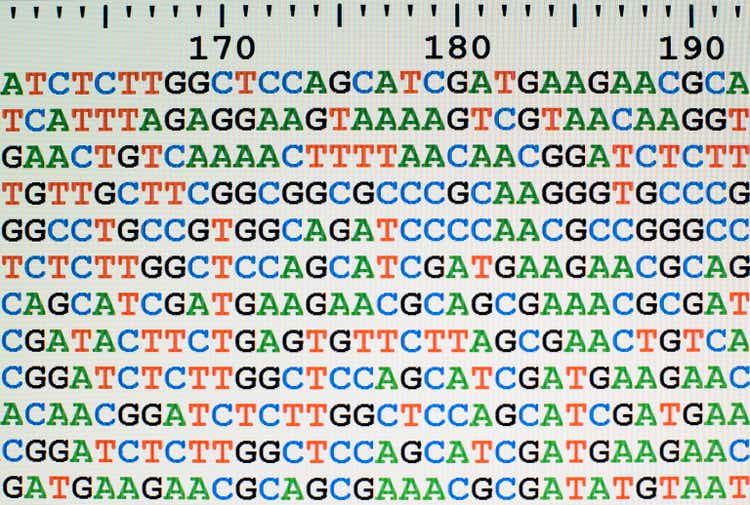 Unaligned DNA sequences on LCD screen with numbers scale
