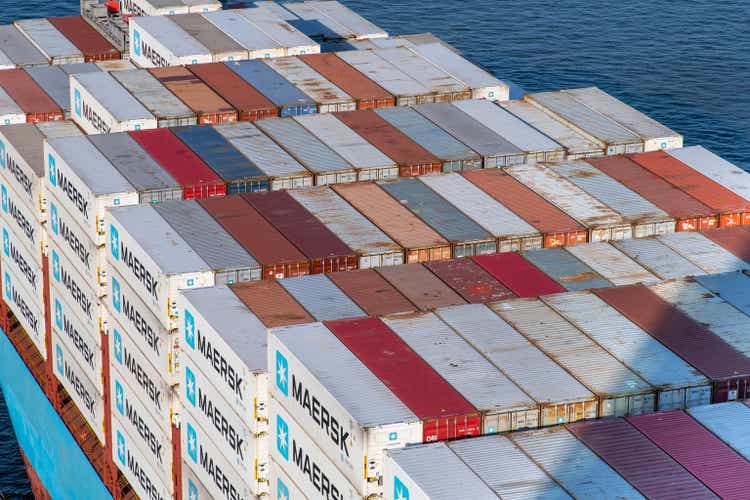 Stacked containers on a large Maersk containership