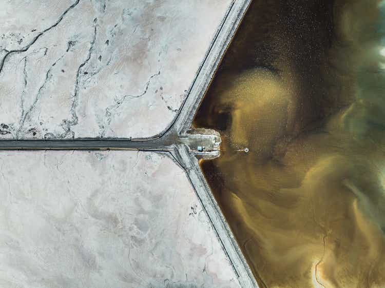 Drone image showing the edge of a mine tailing pond, Western Australia, Australia
