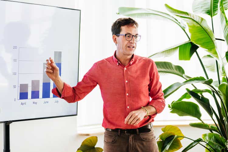 Seminar Host Pointing At Graph On Monitor While Giving Presentation