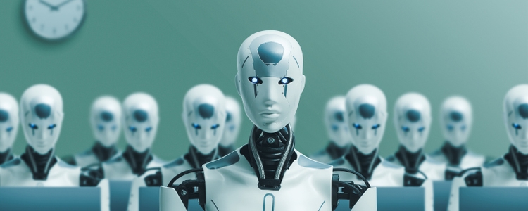 Many identical AI robots working with computers