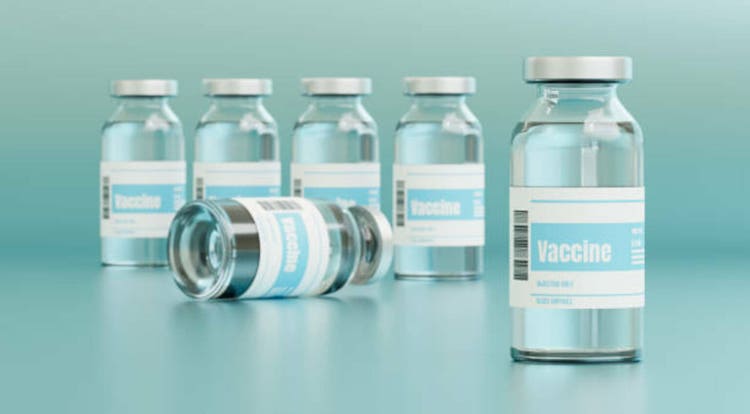 Vaccine ampoule template of transparent glass isolated on blue background concept for medicine and healthcare vaccination vaccine or drug medical treatment realistic 3d render mockup of bottles design