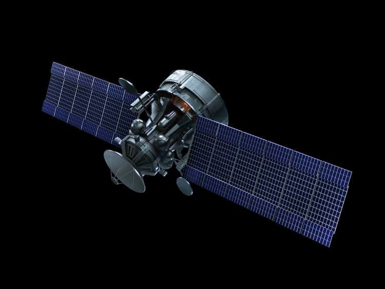 A satellite with blue solar panels on a black background