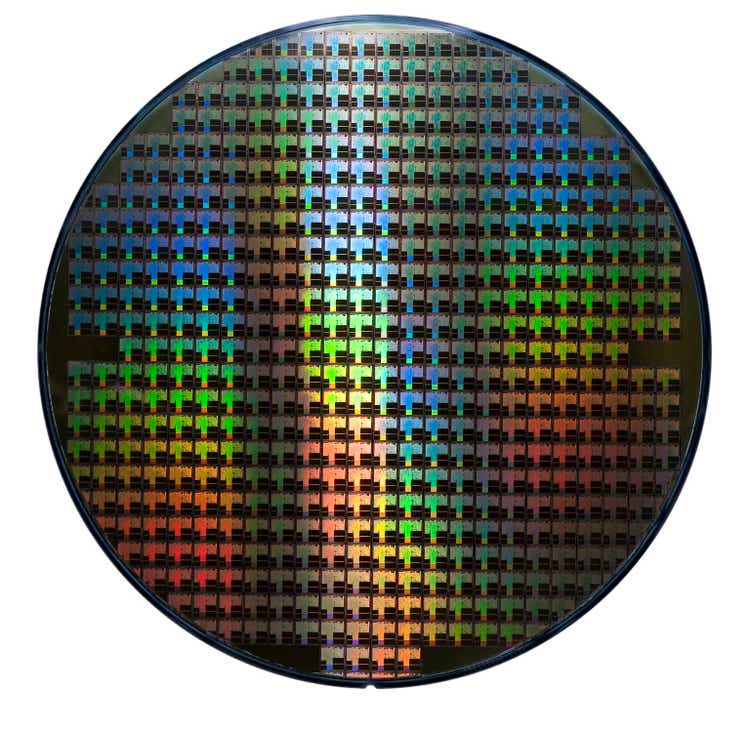 Computer wafer showing rainbow color patterns