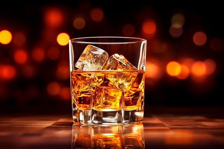 Whiskey with ice cubes in glass