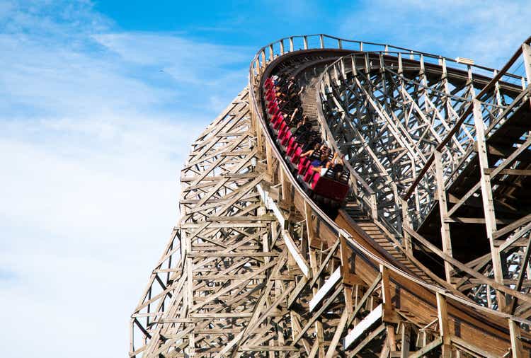 Classic roller coaster with people at Cedar Point, Sandusky, Ohio
