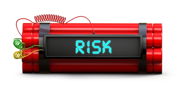 Time bomb explosive with risk word on timer isolated on white background. 3d illustration.