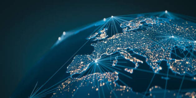 The concept of artificial satellites viewed from space forming a network on the earth and providing Internet services, 3d rendering