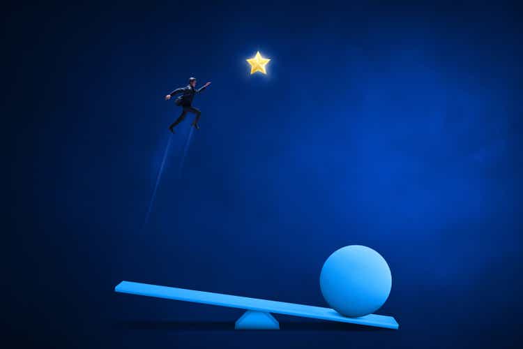 Businessman jumping to golden shiny star 3d illustration