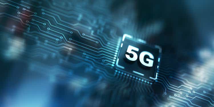 Digital 5G and Internet Telecommunication concept on circuit board