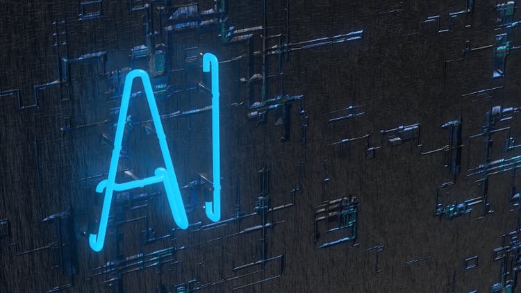 AI neon letters on a digital circuit background