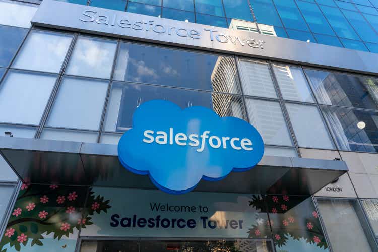 Salesforce logo at its Corporate office in New York, NY, USA on August 18, 2022.