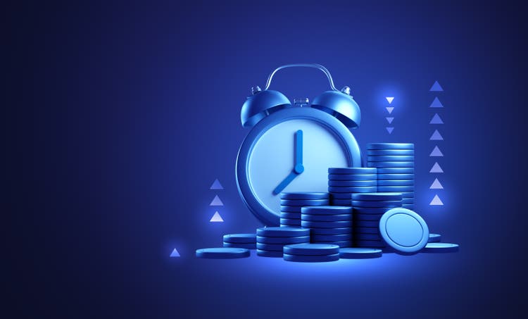 Growth time money investment finance clock profit coin concept on wealth business 3d background of success financial alert timer economy strategy or capital savings retirement budget management alarm.
