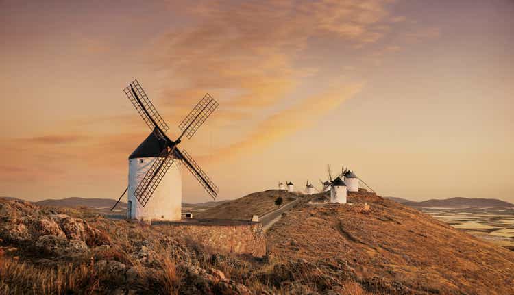 Windmills at sunset, Consuegra, Castilla La Mancha, Spain