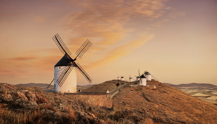 Windmills at sunset, Consuegra, Castilla La Mancha, Spain