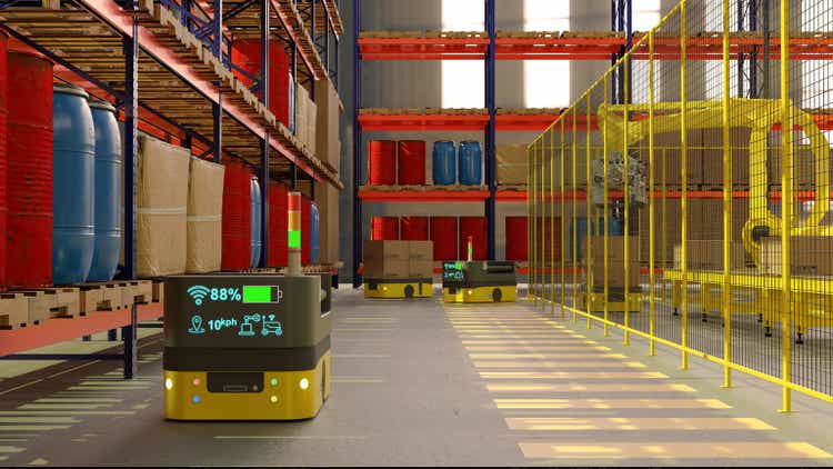 The collaboration of palletizing robot and AGV (Automated guided vehicle) in smart warehouse. 3D illustration