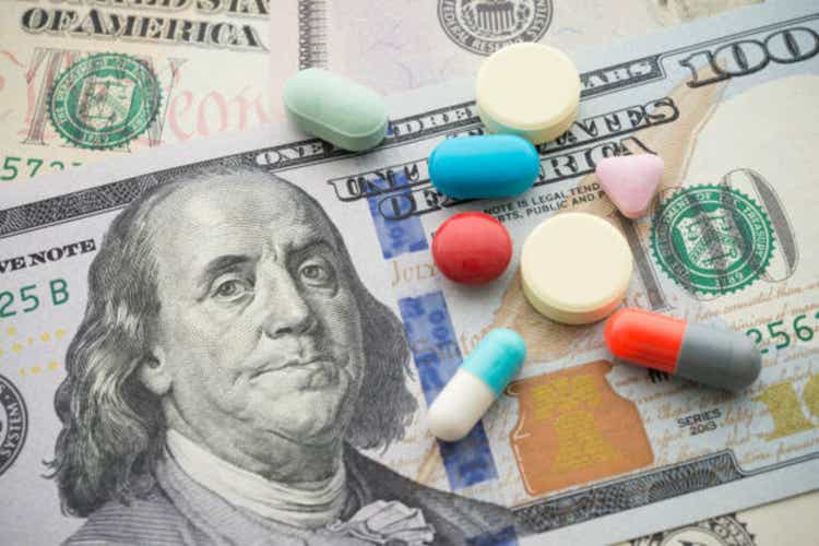 Pills medicine on US dollar banknotes background.