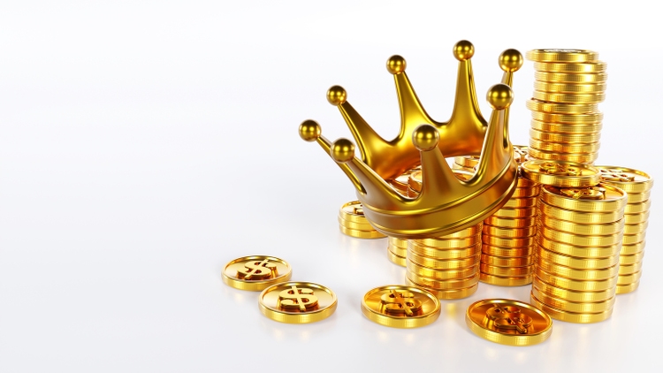 3D rendering of a stack of golden coins with a crown on white background, Finance and investment concept