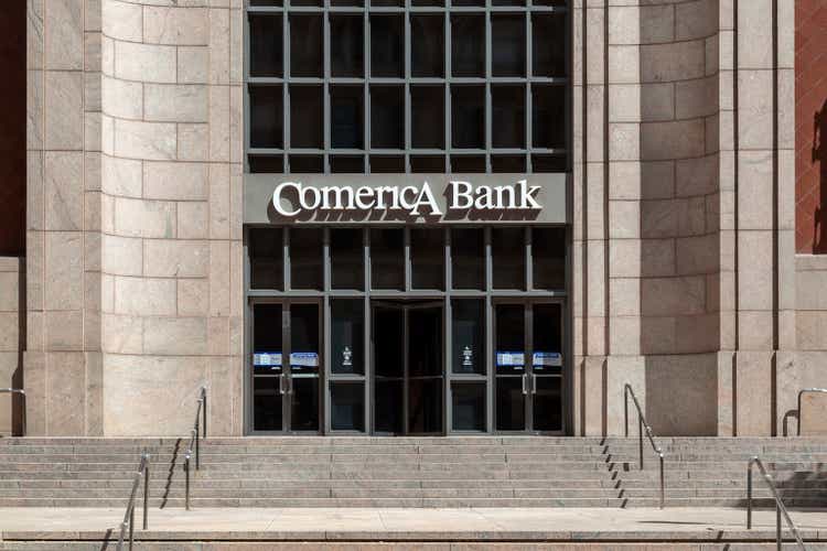 The entrance to Comerica Bank headquarters at Comerica Bank Tower in Dallas, Texas, USA.
