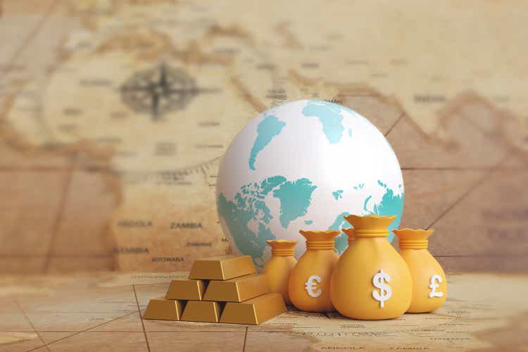 Stack of gold and currency symbols on map background. concept of financial fund exchange rate and profit.