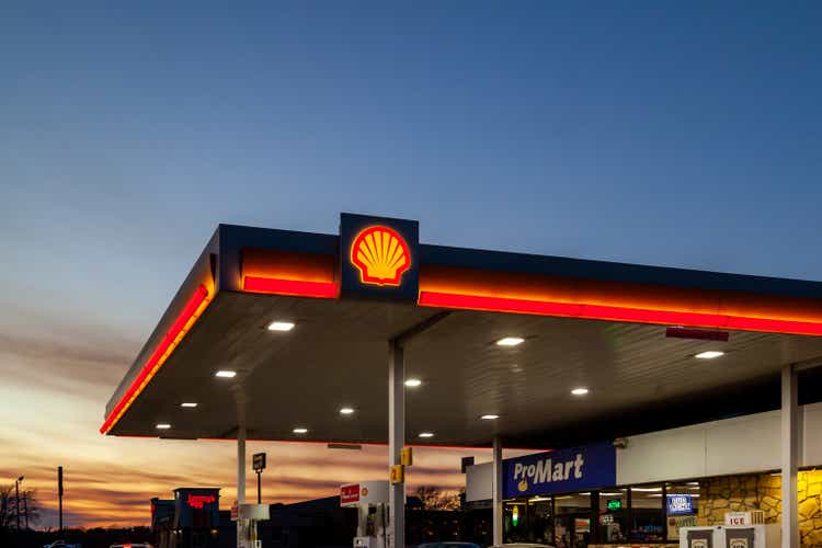 A Shell gas station at dusk in Irving, Texas, USA
