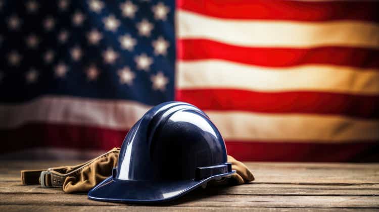 3D computer graphic illustration of Labor Day Tribute: Helmet with American Flag