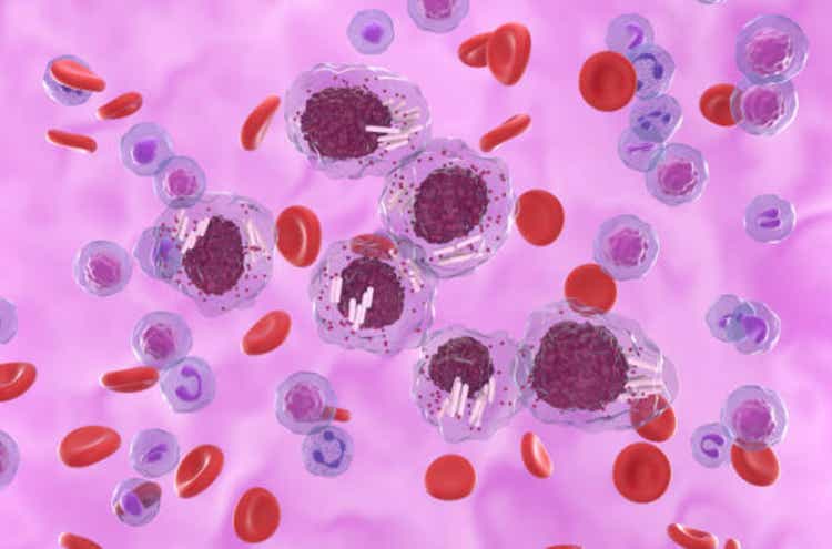 Chronic lymphocytic leukemia (CLL) cells cluster in blood flow - isometric view 3d illustration