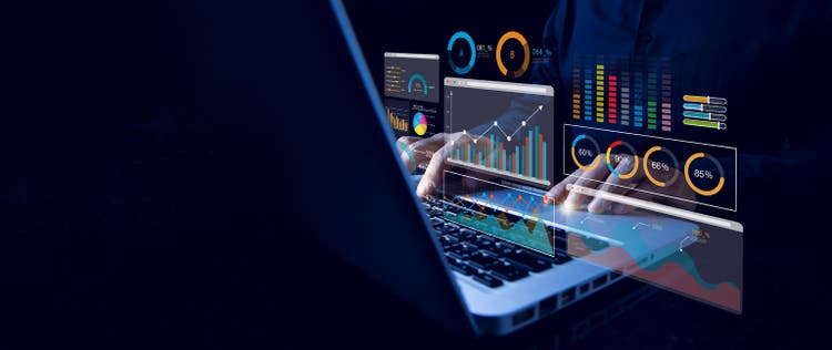 Analysts work with computers in business analytics and data management systems with KPIs and metrics connected to technology, financial, operational, sales and marketing databases. Data Analysis. Ai