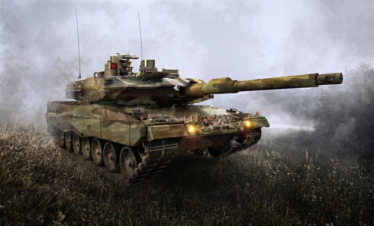 NATO Military aid to Ukraine army. Powerful German-made modern battle tank.