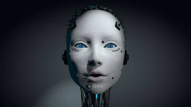 Front view of head of female humanoid robot with white glowing plastic skin, blue eyes and illuminated circuitry in her skull. 3D Illustration