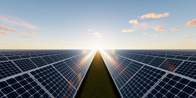 3d rendering of solar farm, field or solar power plant for clean green power energy.